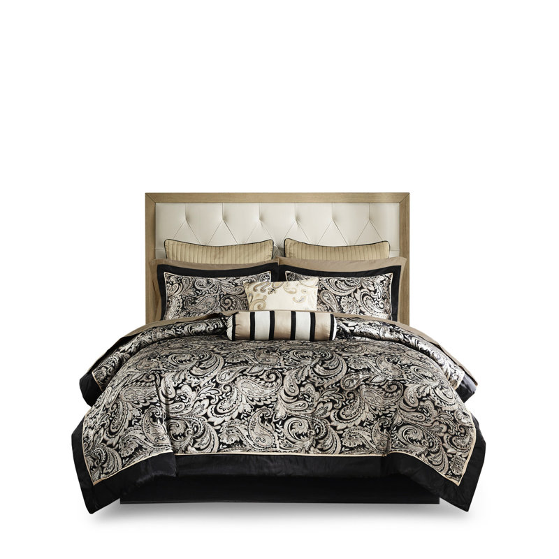 Édredon 12 pièces avec draps en coton, noir, grand lit. Comprend un édredon, des taies décoratives, des oreillers, une jupe de lit et des draps. Ravissant motif cachemire. Facile et pratique à entretenir. Nettoyage exquis simple