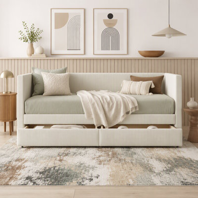 Twin Size Corduroy Daybed with Two Drawers and Wood Slat