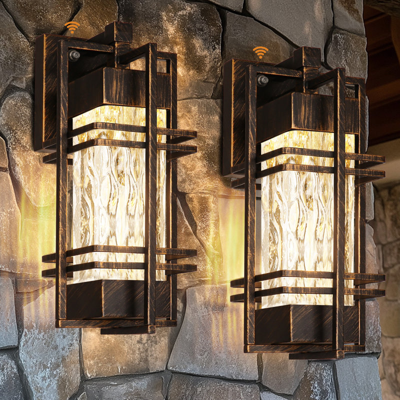 15” Dusk to Dawn Outdoor Wall Lantern Set of 2, Rustic Exterior Wall Sconce with Water Ripple Glass, Industrial Wall Light for Porch Garage Patio (Bulb Included)