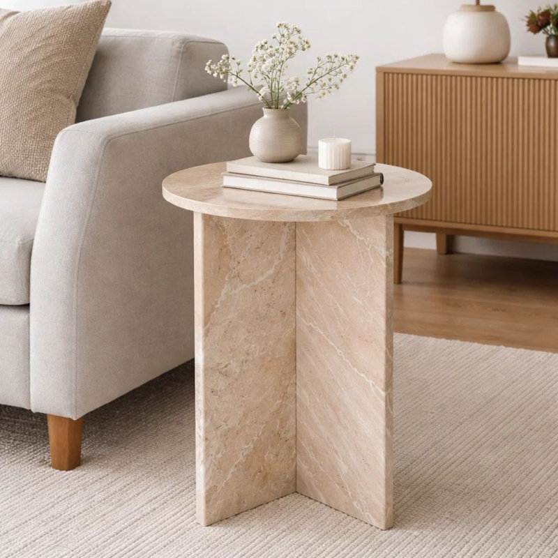 Table de bout latérale Levi, plateau rond de 15 pouces, base en marbre gris géométrique, H 24 po x l 15 po x P 15 po, Beige