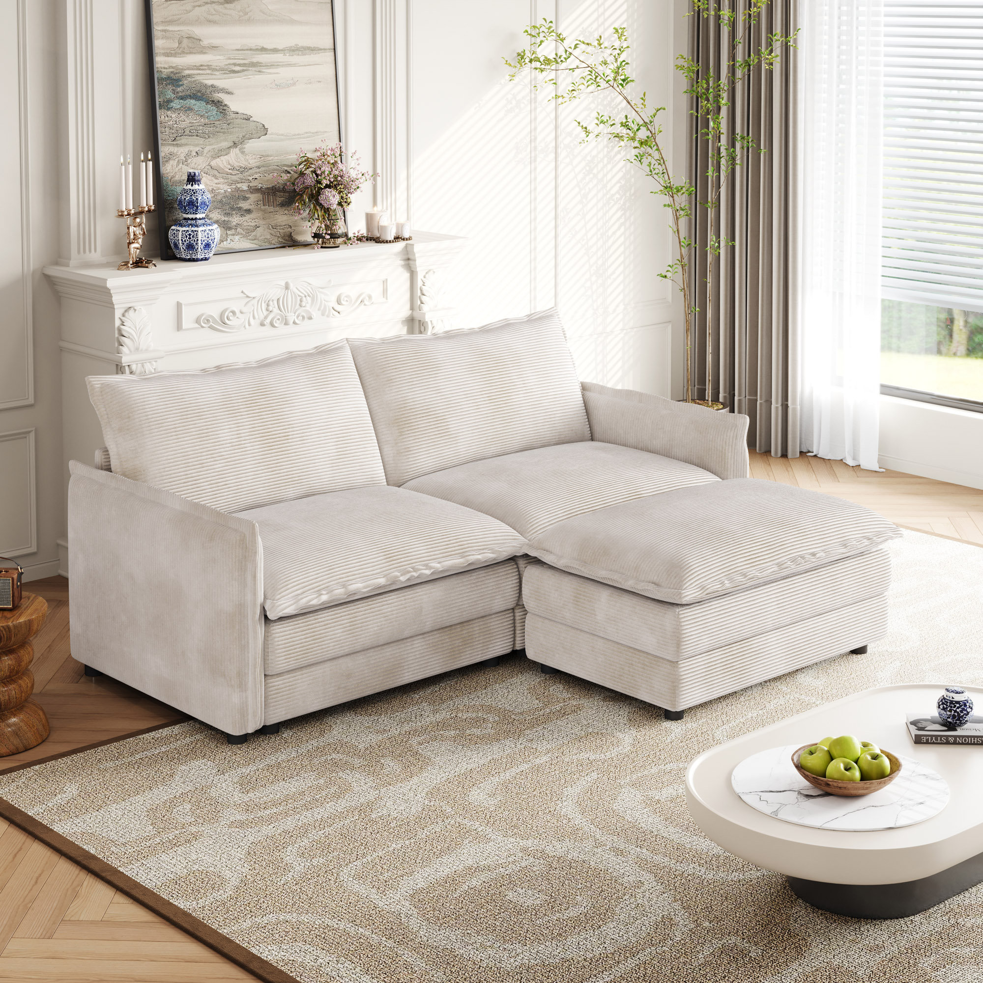 Mercer41 Corduroy Fabric Loveseat Sofa Couch With Footrest For Living  Room,2 Seater L-Shaped Sectional With Ottoman, Upholstered Large Size Deep 