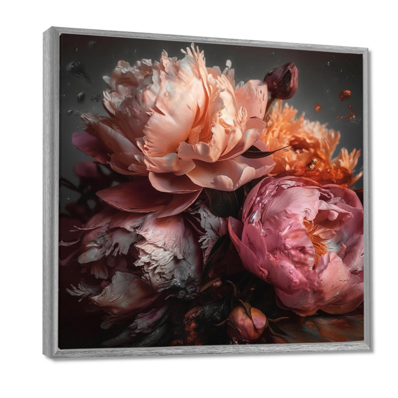 Orange rose, pivoines en fleurs - pivoines, reproduction d'art sur toile encadrée, H 24 po x l 24 po, Cadre argenté flottant