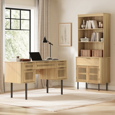 Modern Farmhouse Office Set, 59.1" Executive Desk & 72.8" Open Shelf Bookcase With Drawers– Premium Home Office Shelving Units With Power Hub