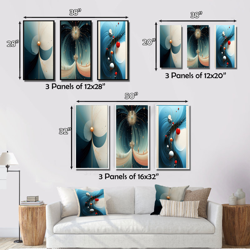 «Secrets Of Desire Abstract in Circular Blue V», 3 pièces sur toile, Cadre flottant blanc, H 28 po x l 36 po