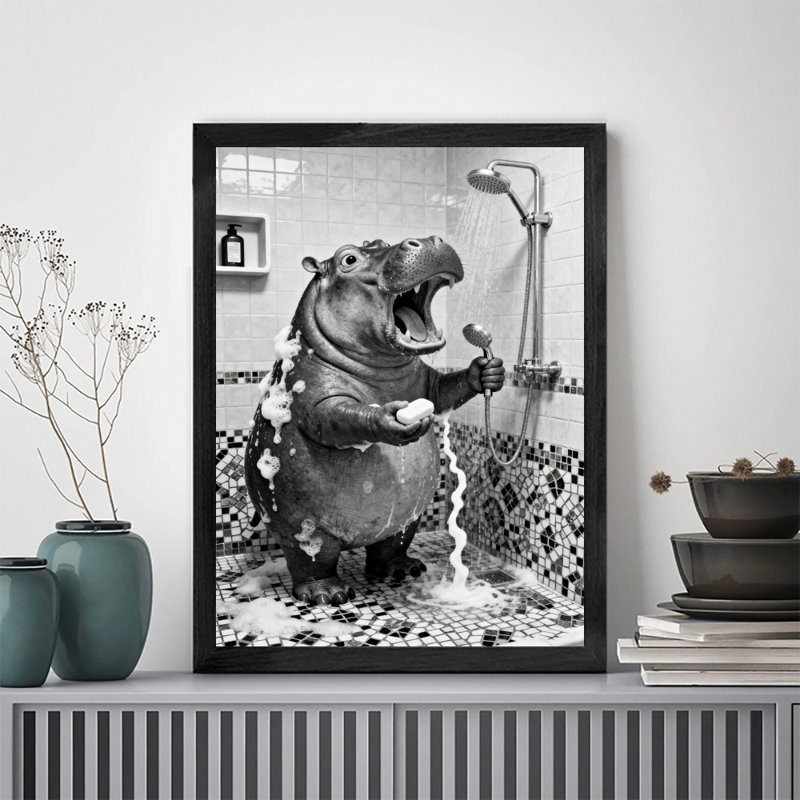 Art encadré noir, l'hippopotame prenant un bain, impressions encadrées de style rétro, H 11 po x l 9 po