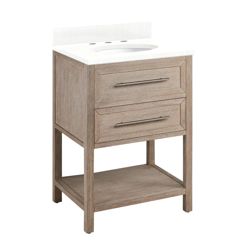 Ensemble de meuble-lavabo simple 24 po avec lavabo encastrable ovale Robertson, Quartz blanc plume, Blanc brossé, 8 po