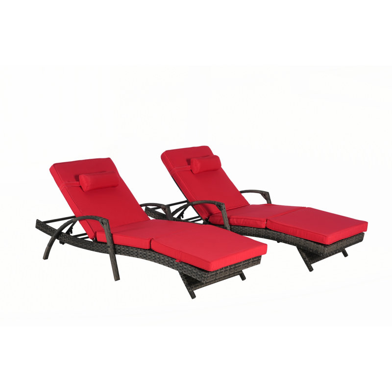 Wicker Reclining Lounge Chair Lawn Sunbathing Chairs Recliner up to 150° Beach Poolside Garden, Red