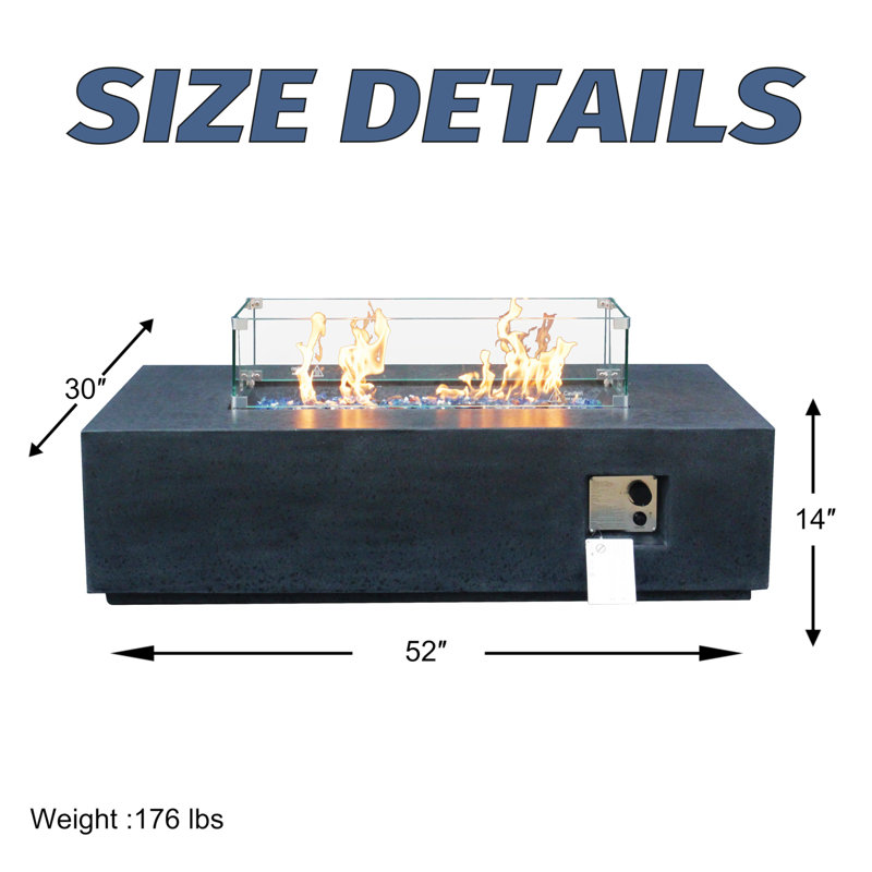 52 Inch Outdoor Concrete Propane Gas Rectangle Fire Pit Table, Black/Gray