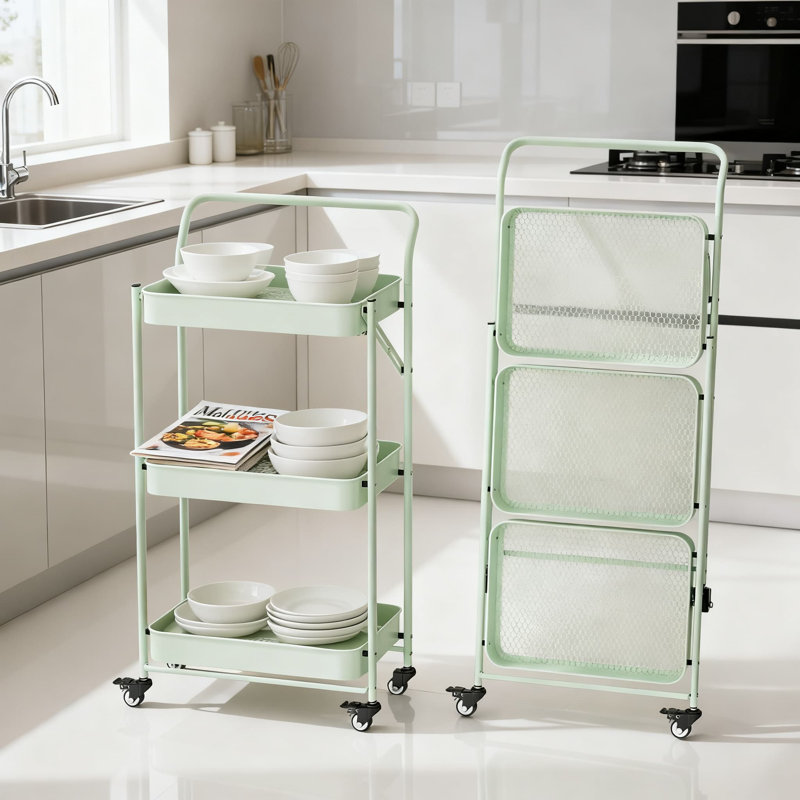 Chariot de rangement pliable en métal à 3 niveaux avec roulettes et poignée pour garde-manger