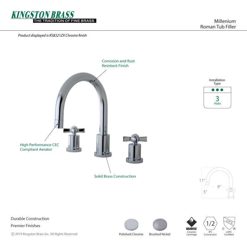 Kingston Brass Millennium Two-Handle 3-Hole Deck Mount Roman Tub Faucet, Brushed Nickel