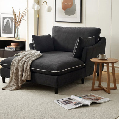Modern 51.2" Chenille Chaise Lounge Sofa with Ergonomic Curved Armrests, Contrast Piping Detail, 2 Armrest Pillows, Soft Textured Upholstery, Spacious Seating, Perfect for Living Room