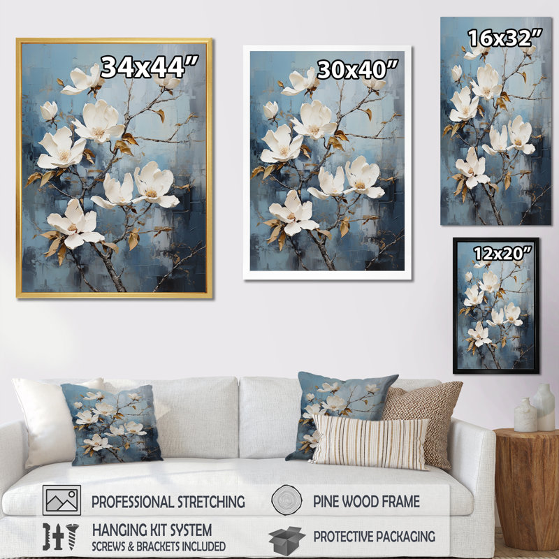 Harmonie de fleurs bleues et blanches Magnolias I, H 32 po x l 16 po x P 1 po, Cadre simple noir