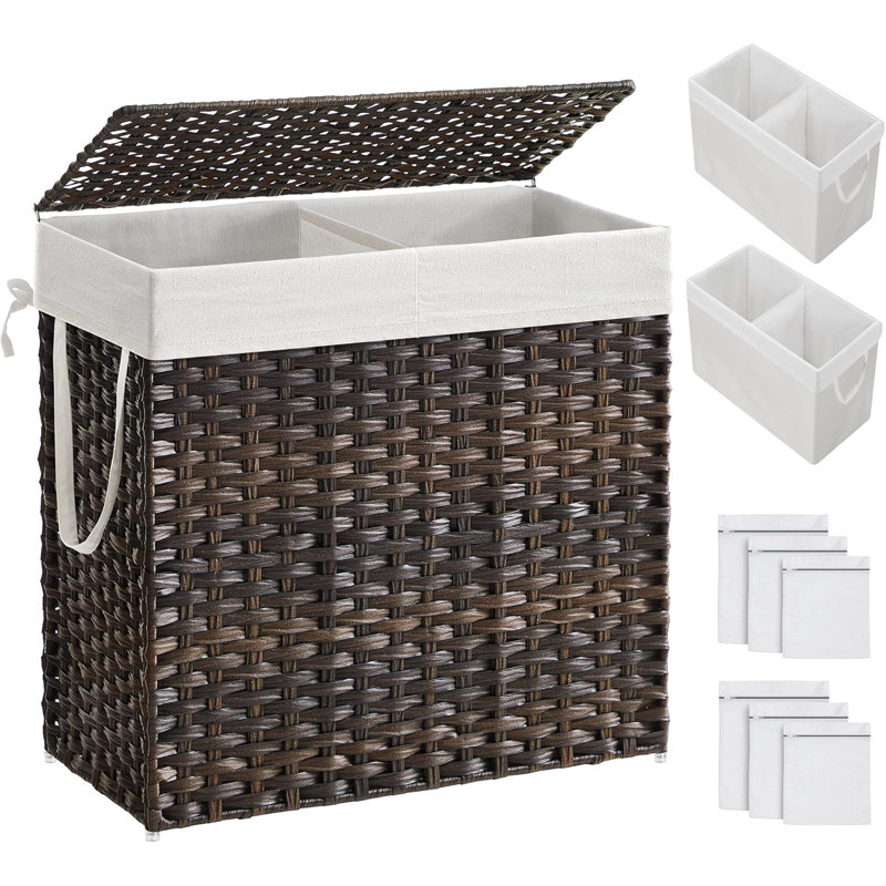 130L Clothes Hamper With Lid, 2 Removable Liner Bags, 6 Mesh Bags, Wicker, Double Laundry Basket For Bathroom, 13 X 26 X 23.6 Inches