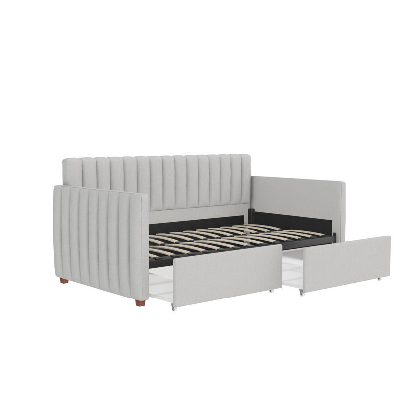 Twin Gray Linen Upholstered Daybed with Storage Drawers