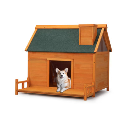 Orange Indoor‑Outdoor Weather‑Resistant Dog House with Front Platform, PVC Door Curtain and Ventilated Chimney, Pet Shelter for Small to Medium Sized Dogs