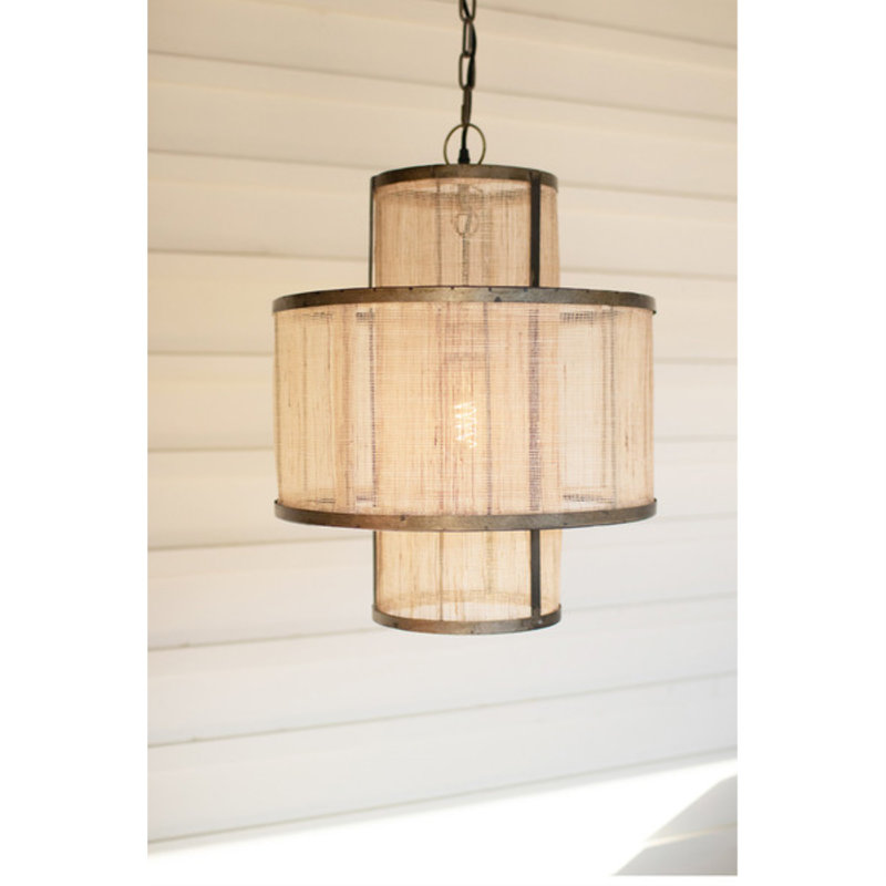 Kalalou Round Pendant Light – Double Layer Woven Fiber with Metal Frame – 20.5" H