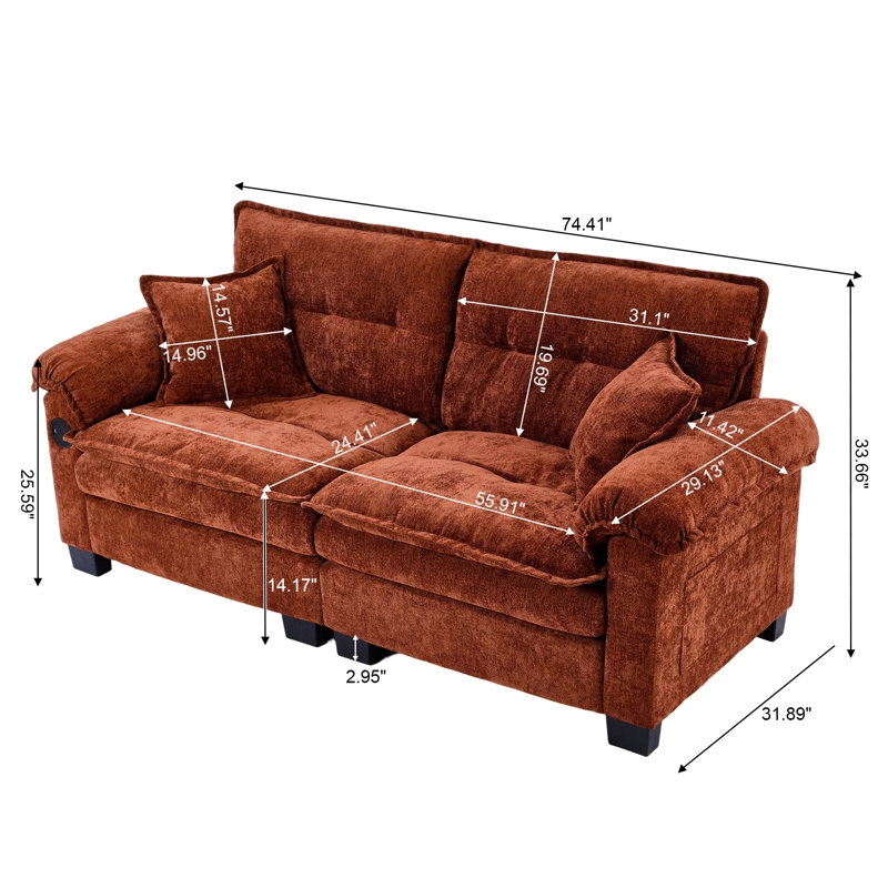 Causeuse 74,41 po en chenille moderne avec ports USB, rangement latéral et coussins décoratifs, Brun