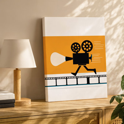 La toile crée une illustration vibrante et dynamique mettant en vedette un appareil photo rétro avec de grandes bobines représenté dans un art mural sur toile stylisé