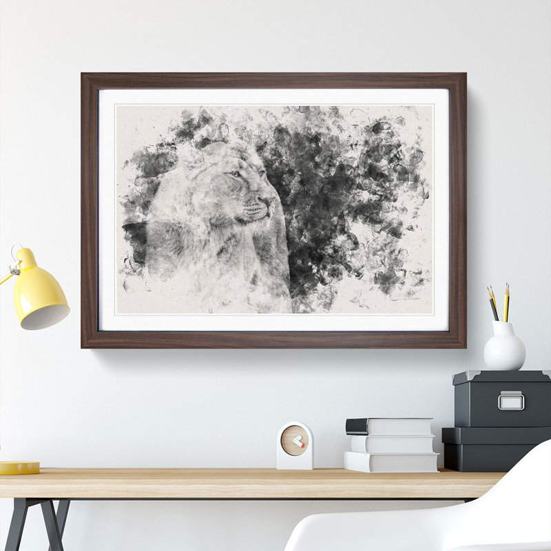 Wild Lioness Watercolour - Framed Print, 35cm H x 50cm W x 2cm D, Walnut