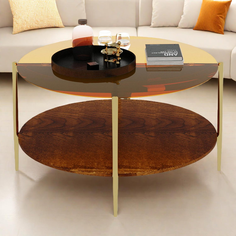 Table basse ronde moderne à double couche avec verre trempé et rangement, diamètre de 32,28 pouces
