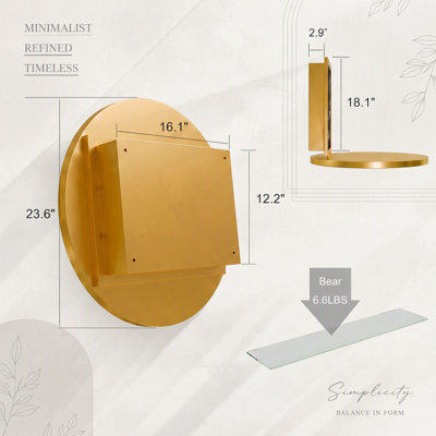 23.6 Inch Surface Mount Round Metal Framed Medicine Cabinet with Mirror and Adjustable Shelves, Matte Gold for Bathroom Storage
