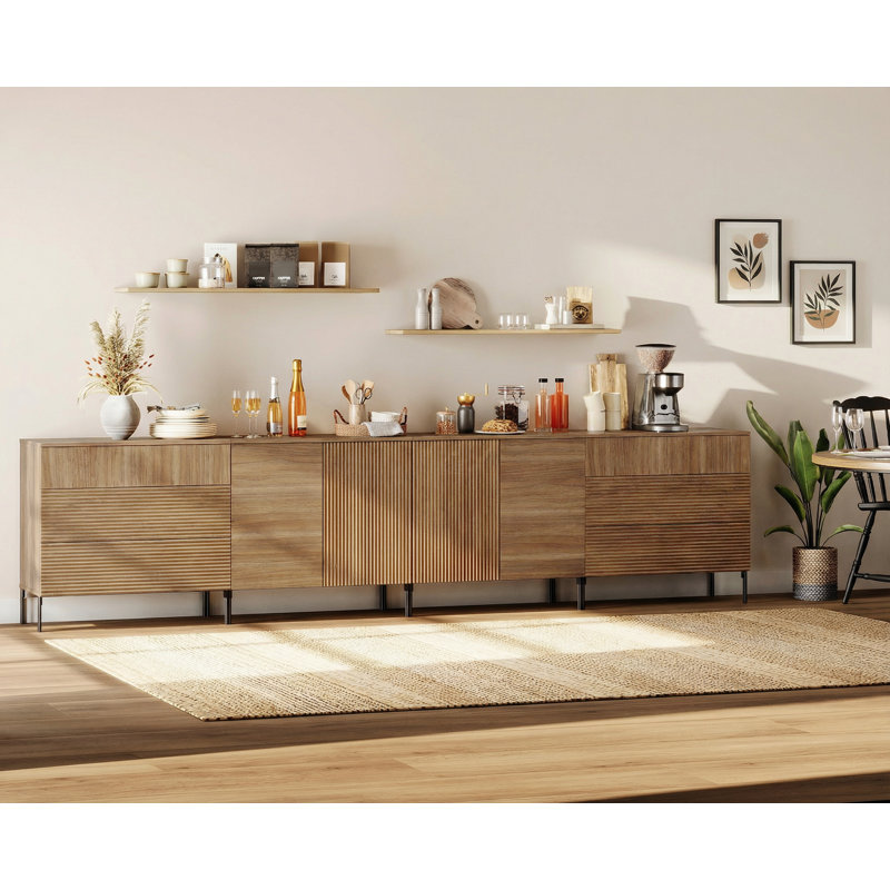 126" Modern Reeded 4-Door Sideboard With Drawers, 4-In-1 Wooden Credenza Storage Cabinet For Kitchen, Dining Room, Walnut