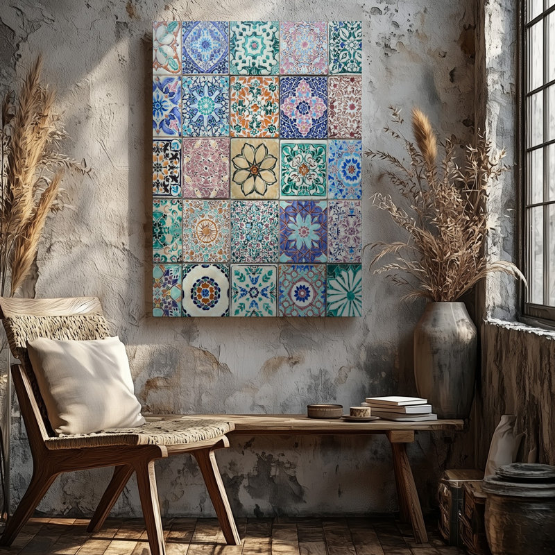 Toile un motif de mosaïque complexe et dynamique mettant en vedette une variété d'art mural de tuiles marocaines traditionnelles disposées en grille