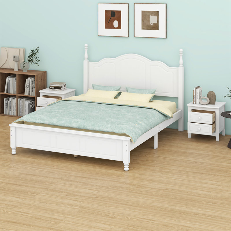 Lit plateforme en bois et deux tables de chevet, Blanc, Grand lit