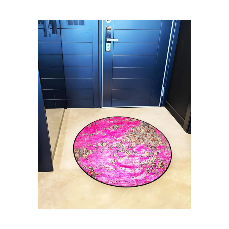 Pink Themed Motif Abstract Patterned Round Woven Base Vintage Decorative Carpet, Round 4'