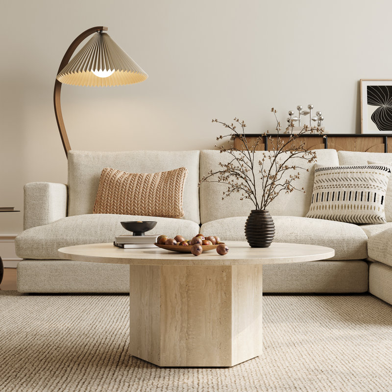 Table basse ronde en bois 34,5 po, finition naturelle, base stable en nid d'abeille, style Mid-Century