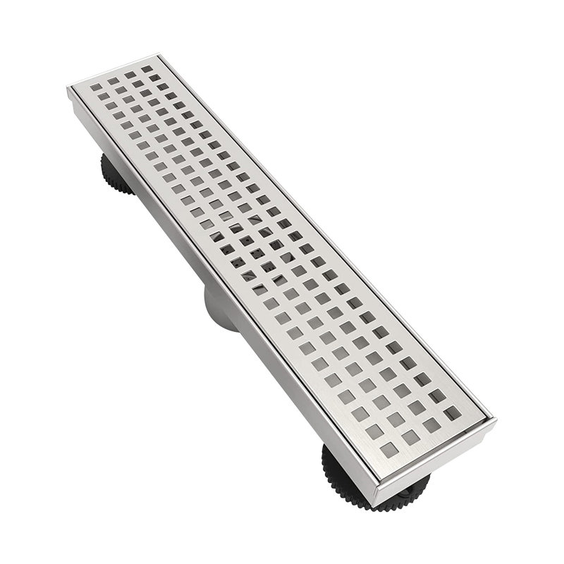 12 Inch Linear Shower Drain With Removable Quadrato Pattern Grate Cover, 304 Stainless Steel Shower Floor Drain With Hair Strainer And Leveling Feet