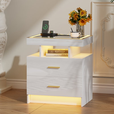 Table de chevet moderne avec charge sans fil, ports USB et lumière à détection automatique - Table de chevet intelligente avec tiroirs de rangement