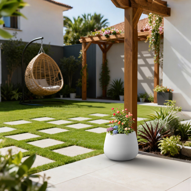 10 in. Medium Bright White Concrete Round Planter / Pot with Drainage Holes for Indoor & Outdoor, Pearl White