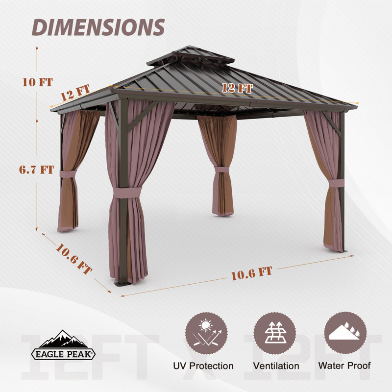Outdoor Aluminum Frame Hardtop Patio Gazebo, 12 ft x 12 ft