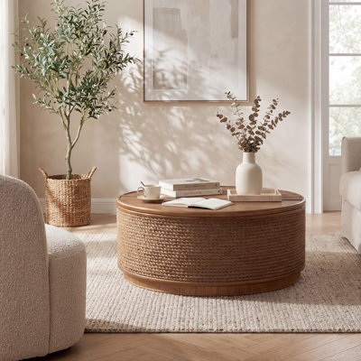 Table basse ronde en rotin avec rangement dissimulé à couvercle, garniture en corde de chanvre tissée à la main, table d'appoint de style bohème-chic, idéale pour les salons confortables