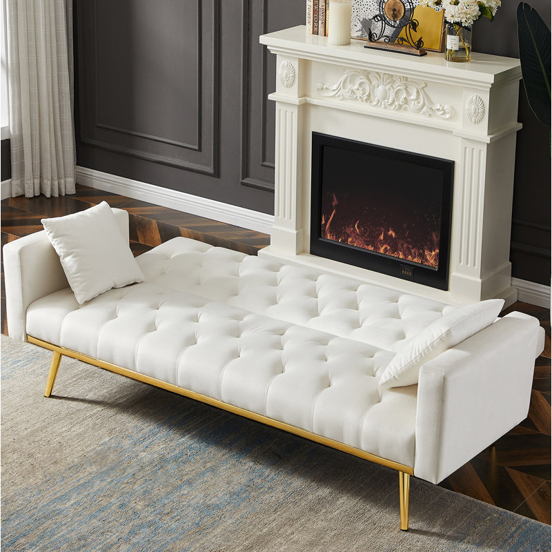 Twin 73.2'' Wide Tufted Back Convertible Sofa, White Velvet