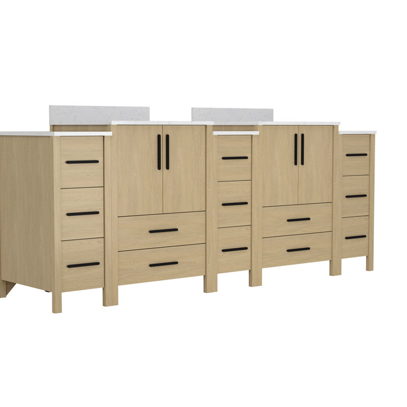 Meuble-lavabo autoportant double vasque de 213 cm (84 po) avec comptoir blanc, panneau à recouvrement, système combinable, rails, installation facile, style minimaliste moderne.
