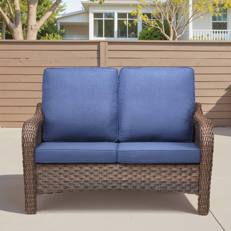 Causeuse de patio en osier 49,6 po avec coussins de siège beige, Bleu, Bleu