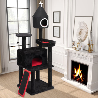 64'' Gothic Cat Tree Tower Coffin Bed with Top Perch, Condos, Scratching Post and Ladder for Large Cats 22 lbs, Black & Red