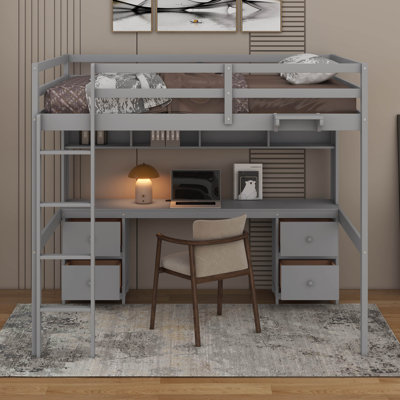 Full Size Wooden Loft Bed With Under-Bed Desk,Charging Station And Cabinets,Drawers And Bedside Tray