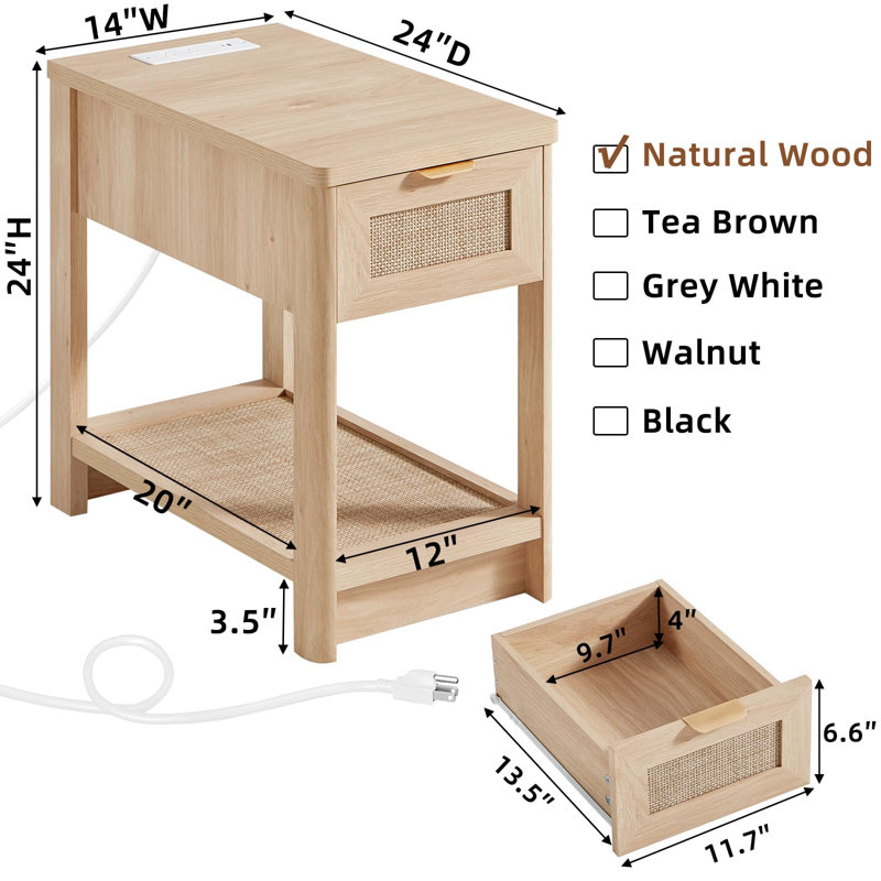 Narrow Night Stand with Charging Station, Boho Nightstand with Drawer, Bed Side End Table with Rattan Shelf for Small Spaces, Wood Nightstands Bedside Tables for Living Room Bedroom (Natural)