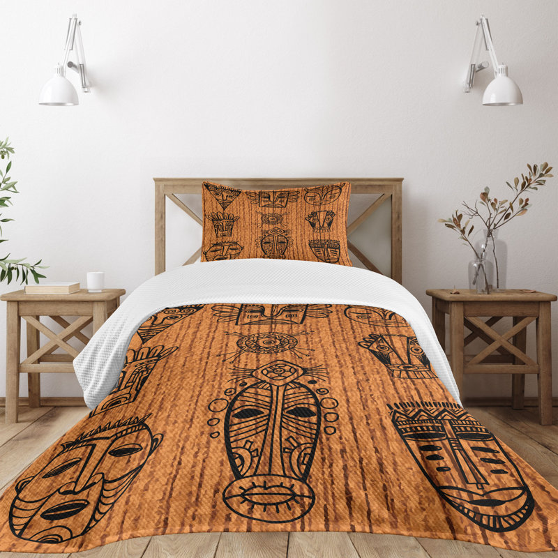 Ambesonne African Bedspread Set Native Charcoal Grey Dark Orange, Twin Coverlet / Bedspread + 1 Standard Sham