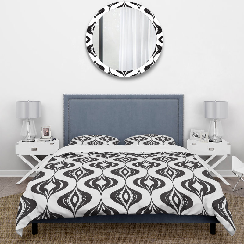 Ensemble de housse de couette noir et blanc Midcentury Ogee Print I - Midcentury