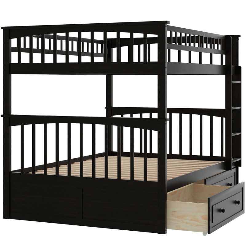 Lit superposé double avec tiroirs, fonctionnalité convertible, pin et construction, barrières de sécurité en forme de clôture, assemblage facile, dessus de lit, convertible, bois de rangement, installation rapide