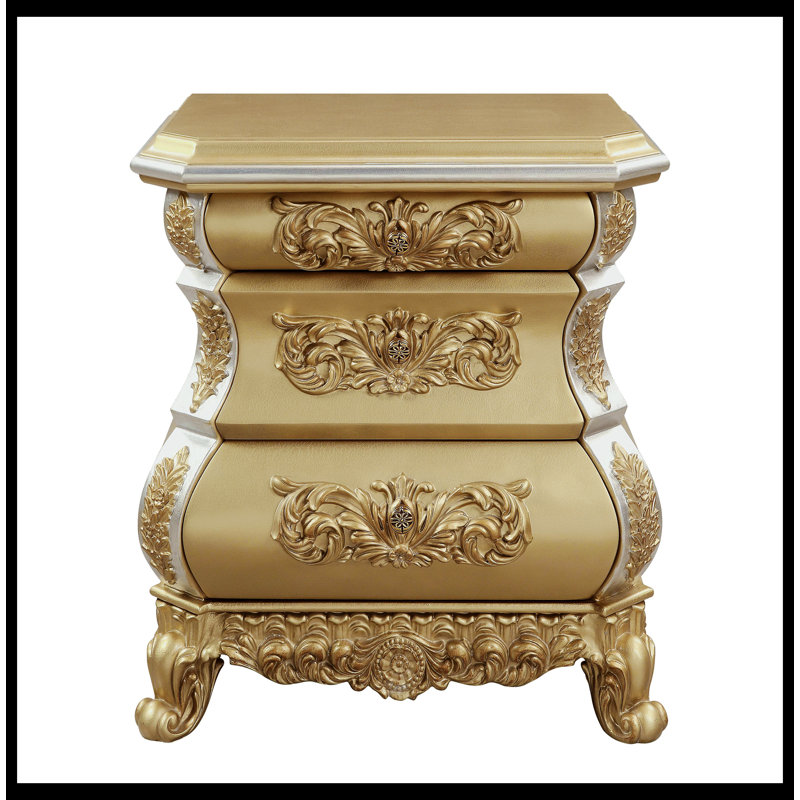 Seville Gold Finish 3-Drawer Nightstand with Carved Accents
