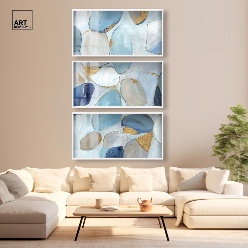 «Blue Serenity II - Ira Colmeva Sutherland», grande reproduction 3 pièces par Art Remedy, cadre blanc, 44 x 22