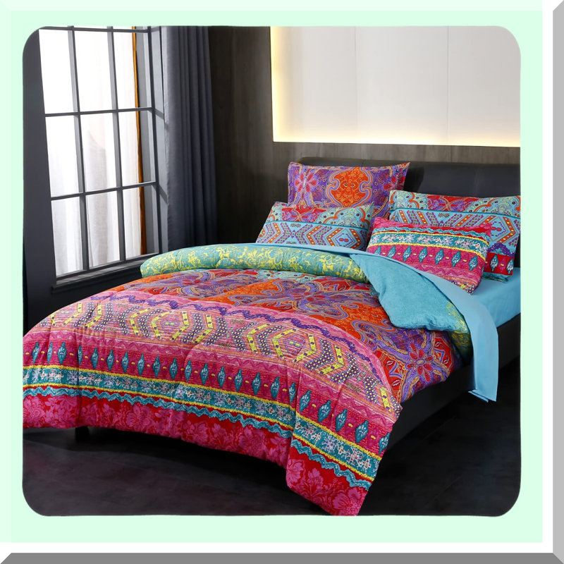 Colourful Boho Chic Queen Comforter Set - 3 Piece Reversible Bedding Retro Print. Soft Microfiber, All Season Bed Set for Bohemian Style Bedroom.