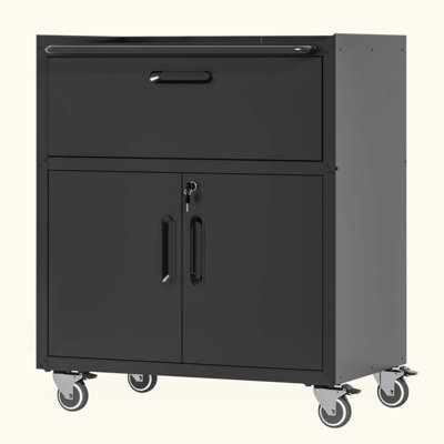 Armoire à outils en métal robuste et durable pour le garage avec roues - Armoire de rangement mobile robuste avec 1 tiroir et 2 portes verrouillables, armoire de rangement à outils roulante