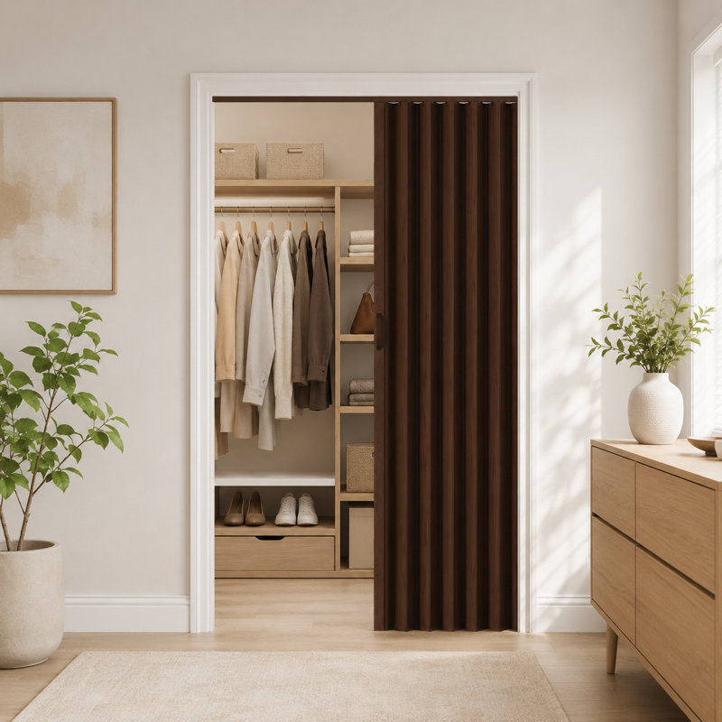 Porte pliante accordéon intérieure en PVC 60 po x 80 po noyer monocouche avec roulettes améliorées, quincaillerie complète et poignées, idéale pour les portes de placard et de salle de bain