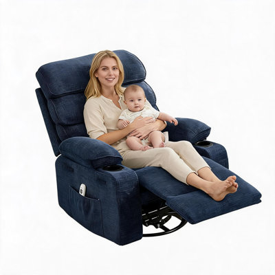 Fauteuil inclinable pivotant à 360° pour adultes avec massage et chauffage, revêtement en lin, poche latérale et 2 porte-gobelets pour salon/chambre/cinéma, bleu - Massage chauffant | toile de jute | bleu